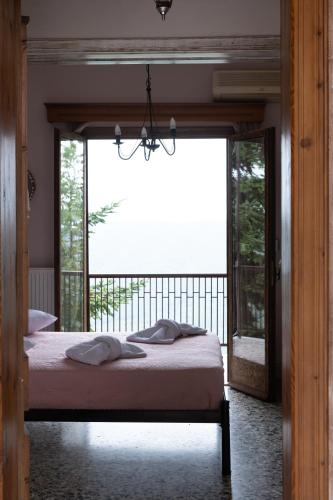 a bedroom with a bed and a large window at Άγρια Λούλουδα Κατοικία Ευτυχία in Timfristós