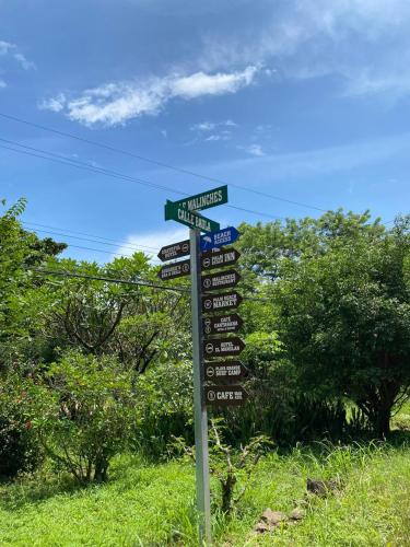 a street sign with street signs on a pole at Palm Beach Inn in Playa Grande