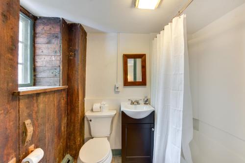 a bathroom with a toilet and a sink at Jim Croces Farmhouse Apartment in Downingtown! in Downingtown