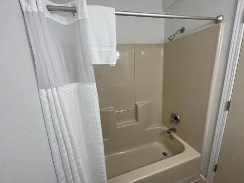 een badkamer met een bad en een douche met een douchegordijn bij 1 Queen Bed in Lake City