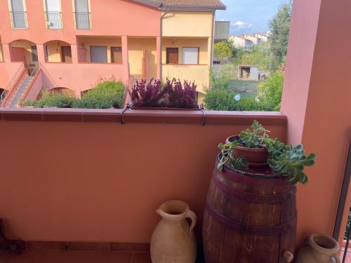 um peitoril de janela com plantas e um barril em La Casa dell'Artista em Battifolle