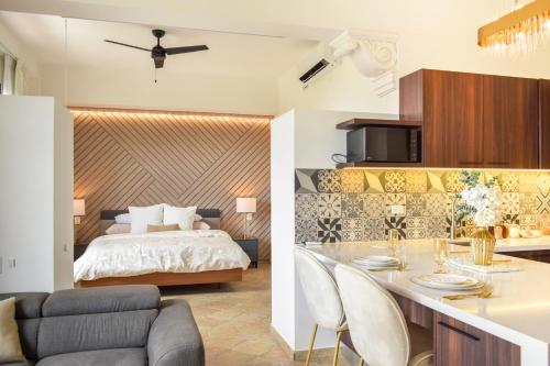 Modern luxury Studio with Rooftop + parking في مدينة باناما: غرفة نوم وغرفة معيشة مع سرير ومطبخ