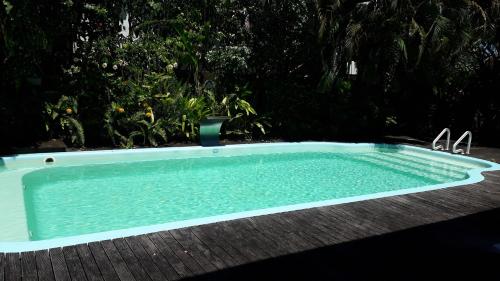 ein kleiner Pool in einem Garten mit Bäumen in der Unterkunft POUSADA CANTINHO MÁGICO in Marau