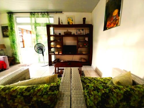 a living room with a couch and a television at TAHITI - Haumaru Beach Fare in Mahina