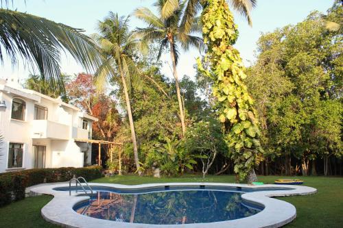 a swimming pool in a yard next to a house at Casa en la playa en Club Santiago Manzanillo in Manzanillo