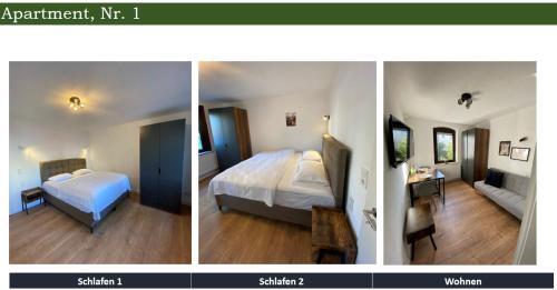 three pictures of a bedroom with a bed and a desk at Nisay Home - 3 Room Apartment - Nr1 in Ludwigsburg