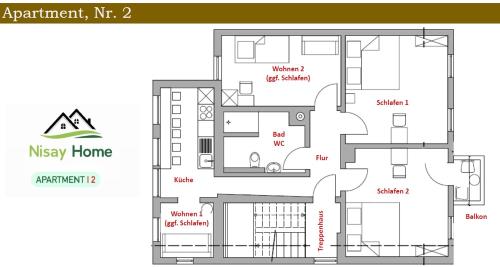 a floor plan of a house with the names of its departments at Nisay Home - 4 Room Apartment - Nr2 in Ludwigsburg