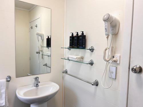 a bathroom with a sink and a blow dryer at Morrinsville Motel in Morrinsville