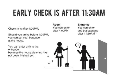 a sign that says early check is after with two people exiting a door at PDO inn Sangenjaya Art residence in Tokyo