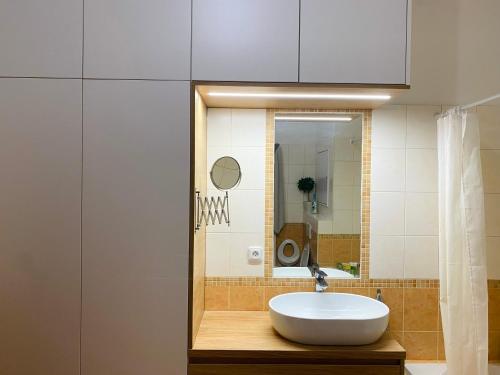 La salle de bains est pourvue d'un lavabo blanc et d'un miroir. dans l'établissement Apartment Hejčín, à Olomouc
