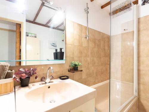 une salle de bain avec un lavabo et une douche dans l'établissement Charmant T2 pour 4 pers. avec balcon et casier à skis, Saint-Lary Village, proche navette gratuite - FR-1-296-479, à Saint-Lary-Soulan