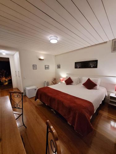 a bedroom with a large bed with a red blanket at Pousada Boutique Itaipava in Itaipava