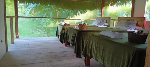 Habitación con 2 camas con sábanas verdes y ventana en Canoa Inn Natural Lodge en Iquitos