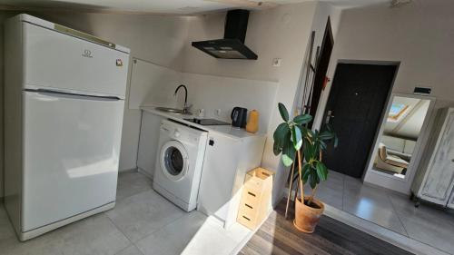 a kitchen with a white refrigerator and a washing machine at Apartment Studio Loft Ekaterina in Tbilisi City