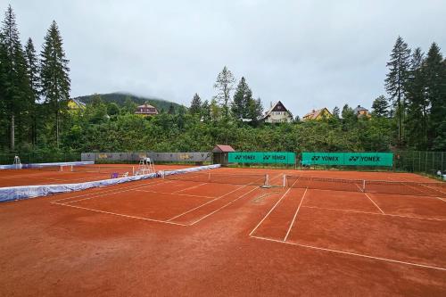 a tennis court with a net on top of it at ENJOYHARRACHOV - Atraktivní klidný klimatizovaný apartmán 20 v centru Harrachova s parkováním, Wifi-WLAN, SAT, herní konzolí, Ipad, Netflix zdarma, možností dobíjení auta, výhledem do zahrady a na romantický kostelík in Harrachov