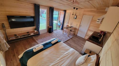 a view of a room with a bed and a tv at Chalet avec bain nordique in Durfort