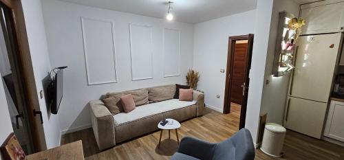 uma sala de estar com um sofá com almofadas em Vila Banstolija em Velika Remeta