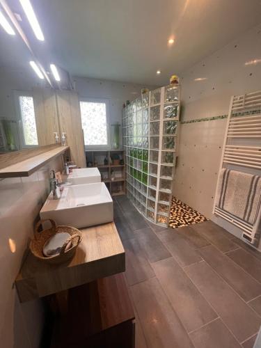 baño grande con 2 lavabos y ducha en Maison en bois , plein pieds,piscine privative en Lavelanet