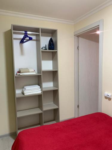 a bedroom with a book shelf and a red rug at Cozy apartment in Ureki in Ureki