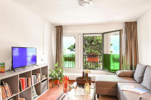 a living room with a couch and a tv at Villa Matilde Lake Front - Happy Rentals in Morcote