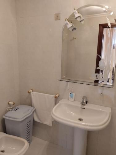 a bathroom with a sink and a toilet and a mirror at Piso en Grove in O Grove