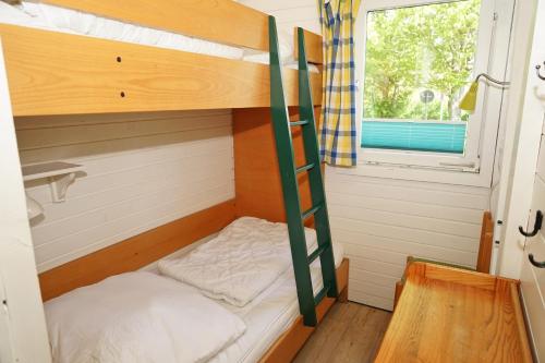 een stapelbed in een tiny house met een ladder bij Grosses Grundstueck fuer die ganze Familie in Damp