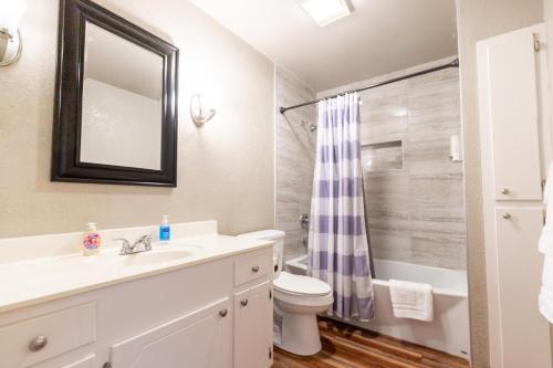 a bathroom with a sink and a toilet and a shower at Allwood Cottage 2 in North Little Rock