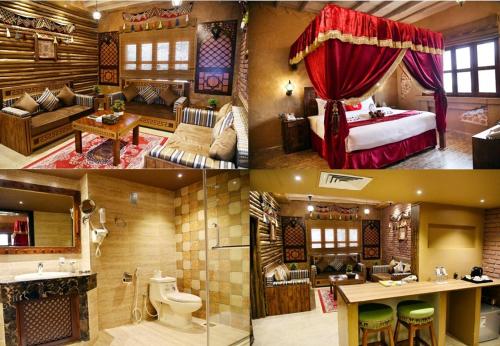 two pictures of a hotel room with a bedroom at Ras Al Khaimah Hotel in Ras al Khaimah