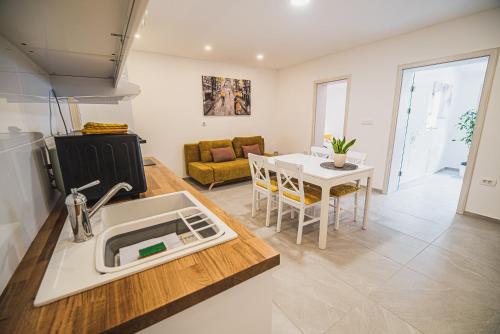 a kitchen and living room with a sink and a table at Gotar Apartment with Garden in Kobarid