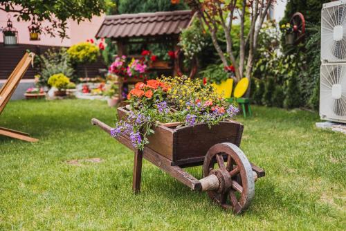 a wooden wheelbarrow filled with flowers in a yard at Gotar Apartment with Garden in Kobarid