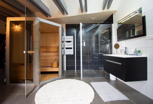 une salle de bain avec une douche en verre et un lavabo dans l'établissement Ti vaen I Maison traditionnelle bretonne & Sauna, à Lanvéoc