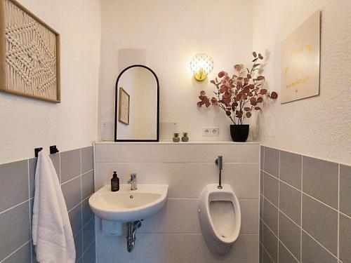 烏爾姆的住宿－Ulmer Penthouse für 7, Arbeitsplatz, XXL-Dachterrasse, Grill, Wii，一间带白色水槽和小便室的浴室