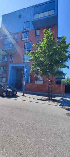 a tree on the side of a street in front of a building at Aurora Home Kivistö 1-bedroom apartment for up to 8 near Helsinki Vantaa Airport and Helsinki city center in Vantaa