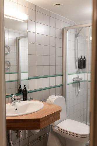 a bathroom with a sink and a toilet and a shower at Munkedals Herrgård in Munkedal