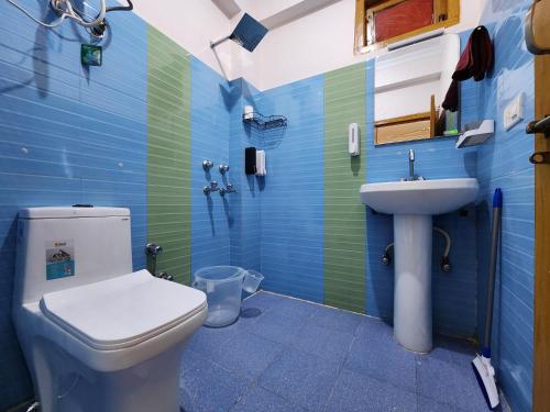 a bathroom with a toilet and a sink at The Bougainvillea, Mcleodganj in Dharamshala