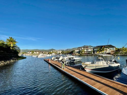 a group of boats are docked at a dock at Studio - résidence côtière luxe in Rivière Noire