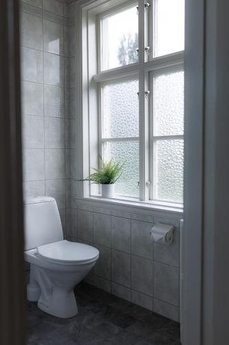a white bathroom with a toilet and a window at Munkedals Herrgård in Munkedal