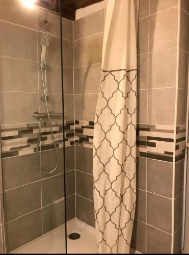 une salle de bain avec une douche avec un rideau de douche dans l'établissement Lou Cigalon, à Marseille