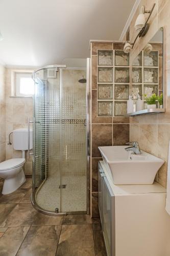 a bathroom with a shower and a sink and a toilet at Lexi Apartman private HydroMassage Hot Tub Balatonboglár in Balatonboglár