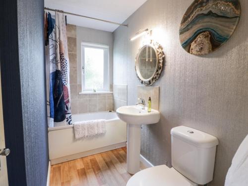 a bathroom with a toilet and a sink and a tub at Eden Lodge in Newton Stewart
