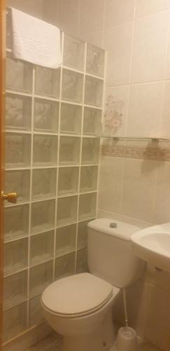 biała łazienka z toaletą i umywalką w obiekcie Basic Guardamar pension w mieście Guardamar del Segura
