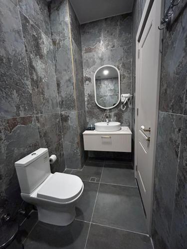 a bathroom with a toilet and a sink and a mirror at King Sky Tower Hotel in Batumi