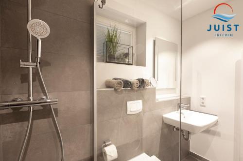 La salle de bains est pourvue d'une douche et d'un lavabo. dans l'établissement Haus Billstrasse 231 - Wohnung 1, à Juist