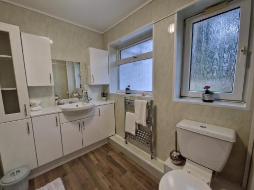 a bathroom with a toilet and a sink and a window at Lakeside 3 Bedroom Bungalow Retreat Merthyr Tydfil in Cefn-coed-y-cymmer