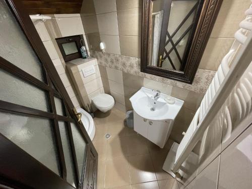 an overhead view of a bathroom with a toilet and sink at Pensiunea Eugenia in Bran
