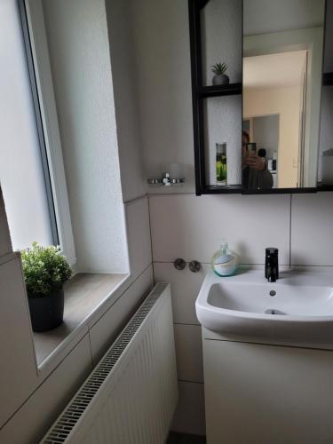 bagno con lavandino e specchio di Ferienhaus Gertrud a Nesselwängle