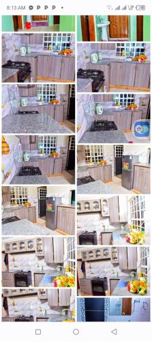 a collage of four pictures of a kitchen with a sink at homestay in Eldoret