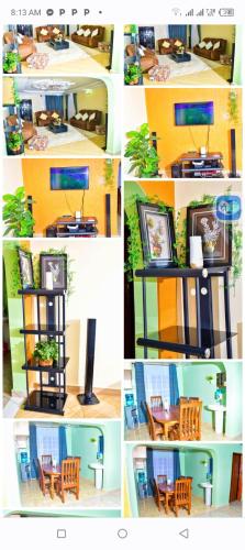 a collage of four pictures with chairs and a table at homestay in Eldoret