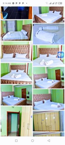 a collage of photos of a bed and a bathroom at homestay in Eldoret