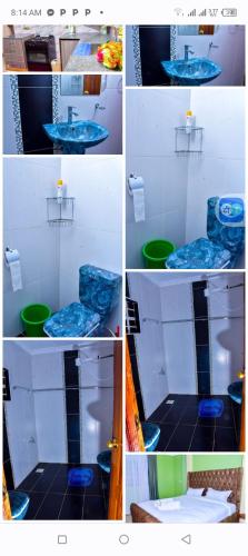 a collage of four pictures of a bathroom with a sink at homestay in Eldoret